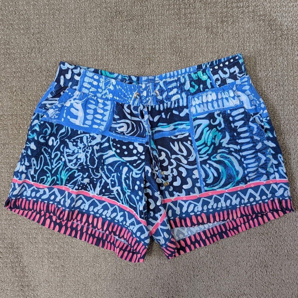 Lilly Pulitzer Katia High Tide Drawstring Shorts XS Blue Pink Pockets Rayon